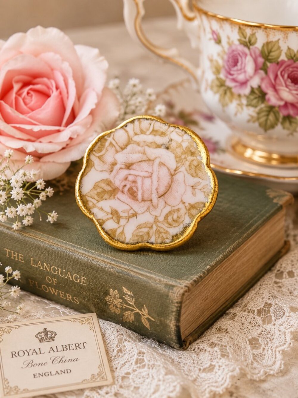 Royal Albert Bone China Rose Brooch Vintage Gold Tone Floral Pin
